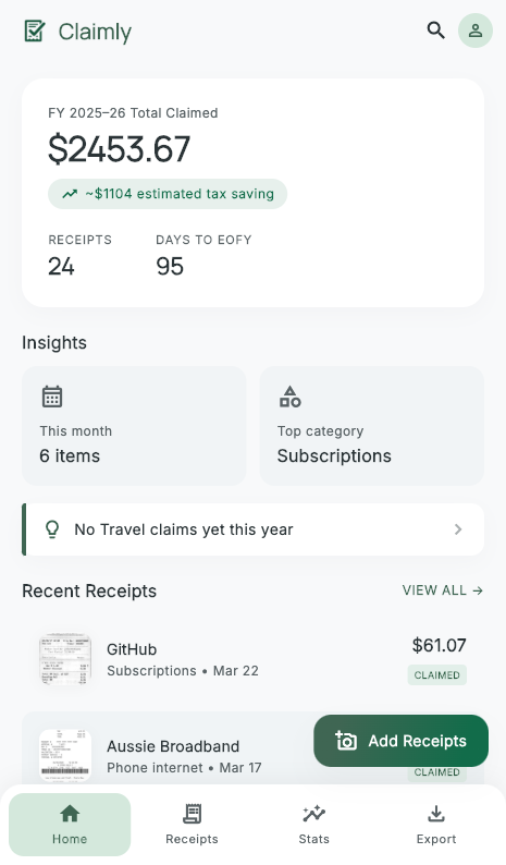 Claimly home screen showing total deductions, receipt count and quick stats