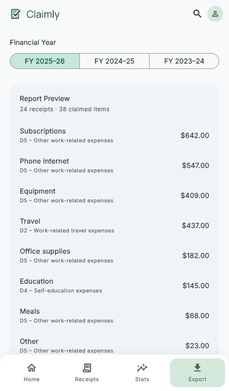 Export screen with financial year selector and PDF/CSV export options